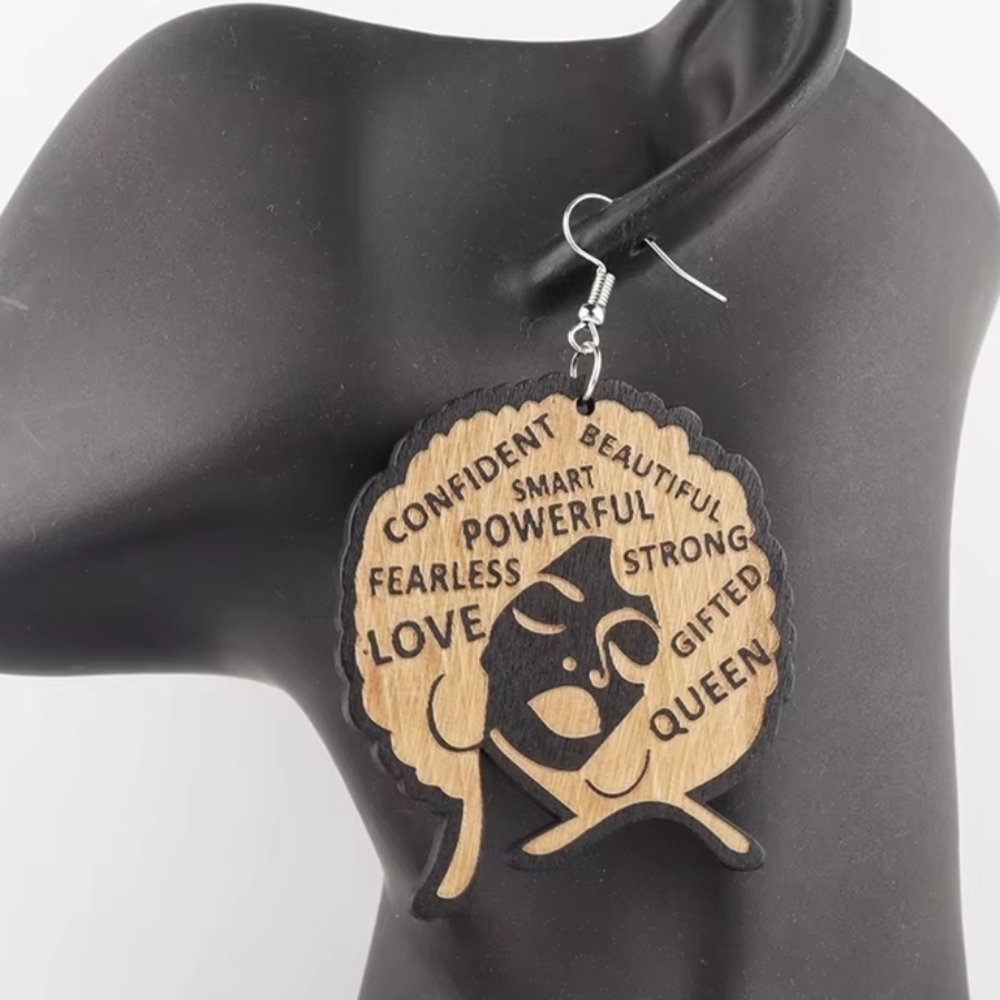 Afro Queen Affirmation Wood Dangle Earrings – Empowerment Statement